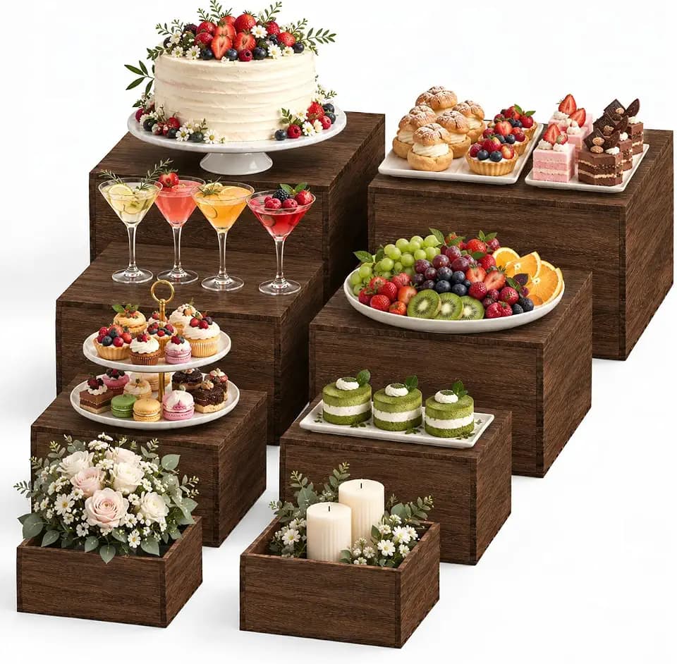8 PCS Wooden Buffet Risers, Rustic Wood Cake Stands, Food Risers for Buffet & Dessert Table Display, Nesting Wooden Crates for Catering, Wedding, Party, Home Decor