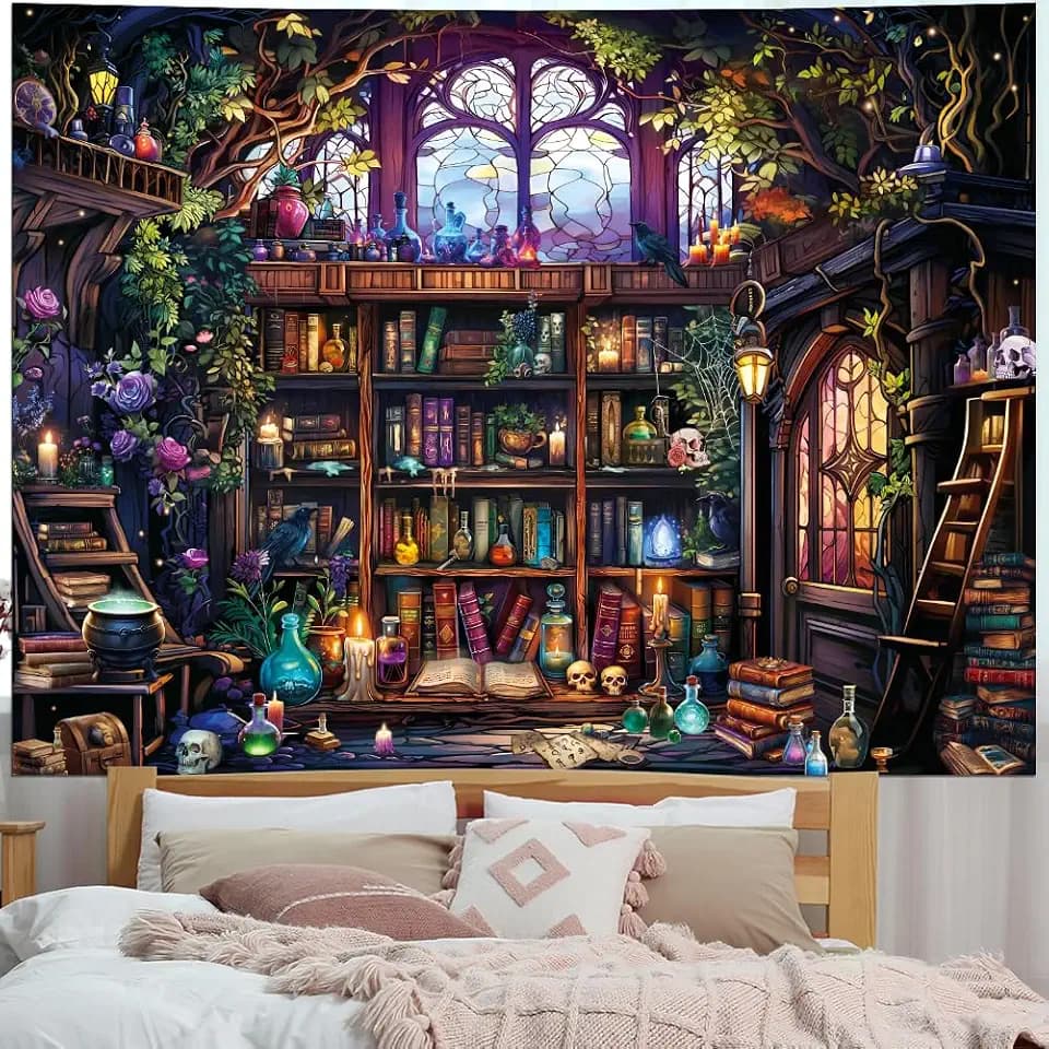 Galoker Magic Bookshelf Tapestry Witchy Library Tapestry Fantasy Fairy Treehouse Wall Tapestries Magical Book Skull Bookcase Tapestries Wall Hanging for Home Decor(51.2"x59.1")