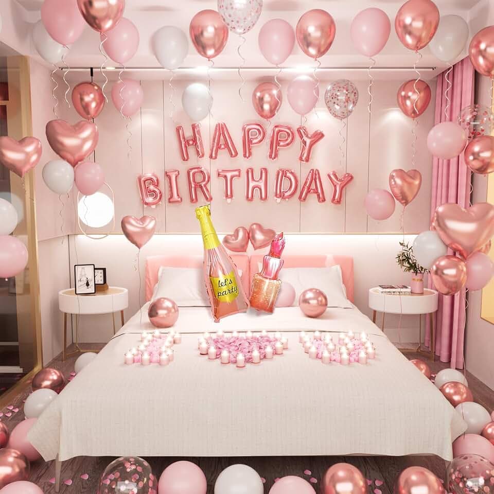 Rose Gold Happy Birthday Decorations for Women Pink and Rose Gold Biirthday Balloons Letters Banner with Heart-Shaped Champagne Bottle Lipstick Balloons Rose Petals for Room Birthday Party Decor
