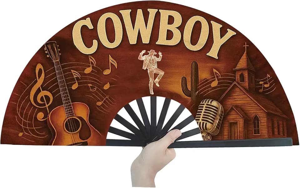 Cowboy Fans for Line Dancing, 13inch Large Hand-held Flat Fan Western Style Popping Fan for Party, Festival, Club, Dancing