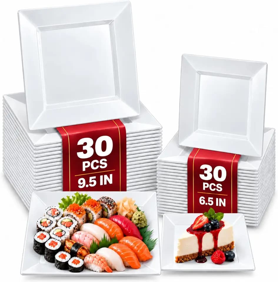 [60 PCS] Square Plastic Plates for Party | White Disposable Plastic Plates