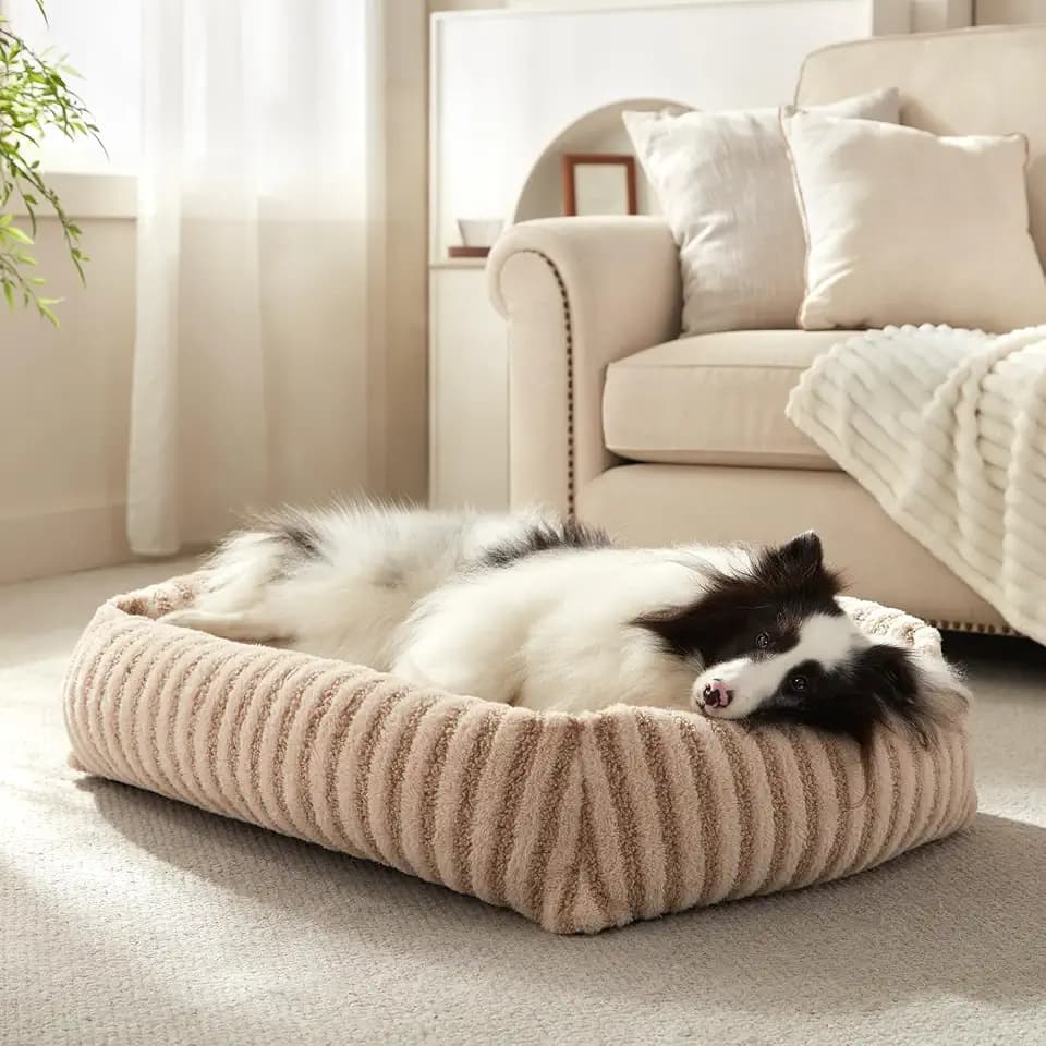 MIXJOY Dog Bed Medium Size Dog, Washable Medium Dogs Bed with Removable Cover, Soft Rectangle Doggy Ded Fluffy Plush Faux Fur Pet Bed with Anti-Slip Bottom, 30"x24"x8", Beige