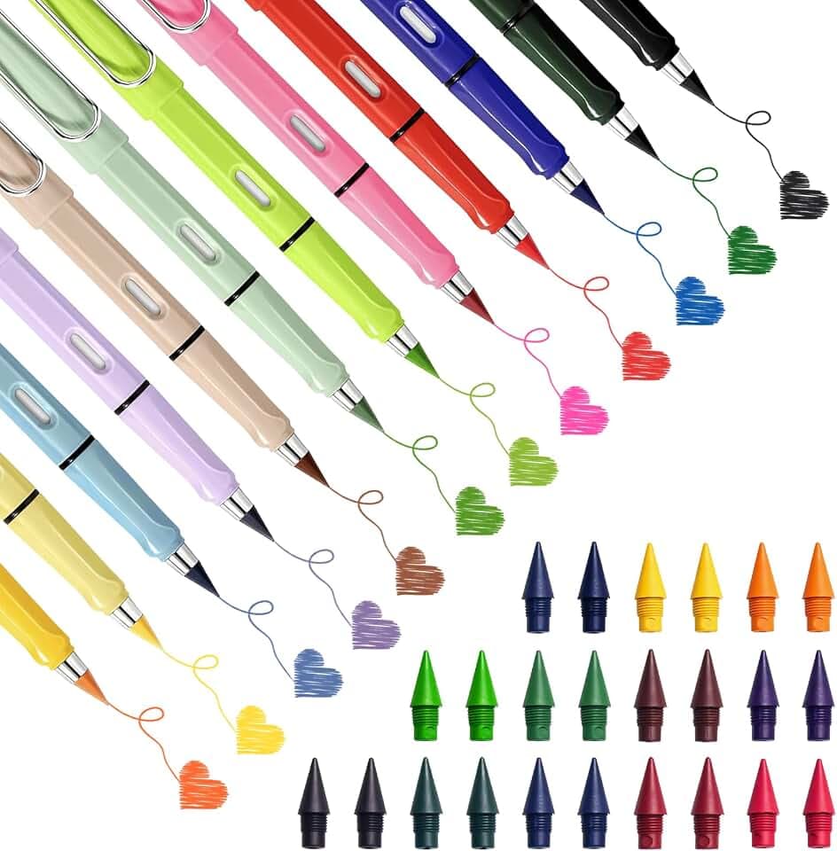 Rwbimti Ewiger Bleistift, 12 Stück Swify zauberbleistift mit 24 Stück Wechselköpfen, Bunter Tintenloser Buntstifte mit Radiergummi, Unendlicher Pencil für Erwachsene, Studenten und Künstler
