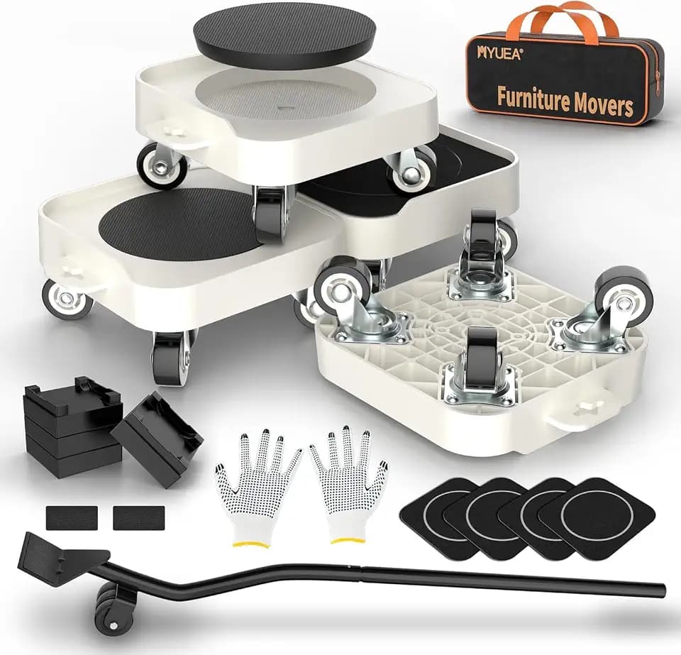 MYUEA Furniture Sliders Lift Mover Dolly Tool Set - 1200LBS Heavy Duty Furniture Movers with 4 Wheels (360° Swivel), Includes Pry Bar, Gloves, Mat, Bag & Hardwood Floor Sliders, for Round & Flat Legs