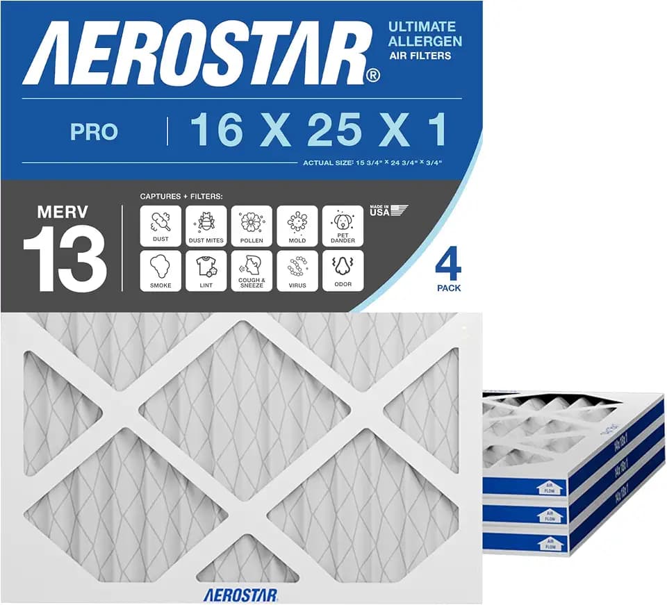 Aerostar Air Filter 16x25x1 MERV 13 AC Filter, HVAC, Furnace Filter, 4 Pack