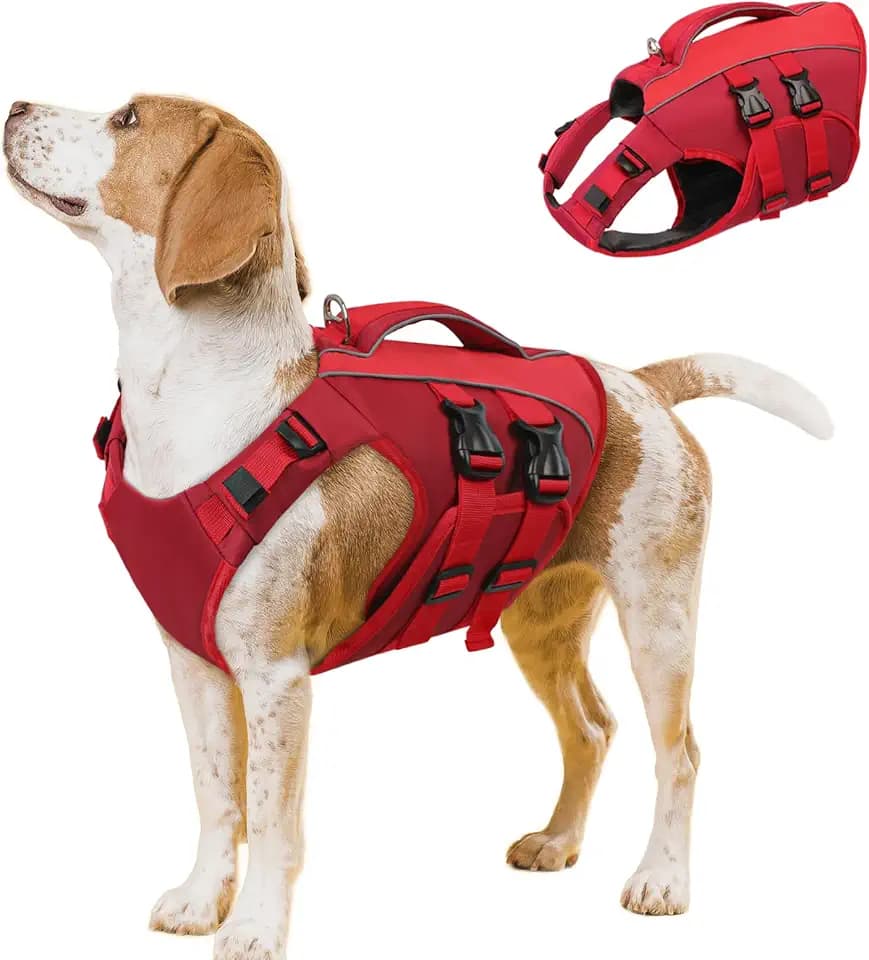 Queenmore Schwimmweste Hund Groß, Ripstop Hunde Schwimmweste, Schwimmweste Dackel Französische Bulldogge,Rettungsweste Mit Griff,Bootfahren Surfen kajak, Rot, L