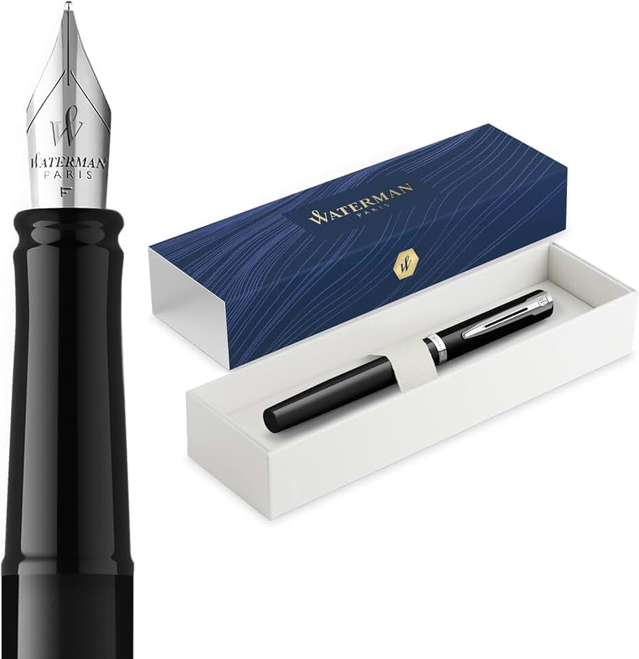 Waterman Impression Füller | Feine Feder mit blauer Tintenpatrone | Schwarzer Lack mit palladiumbeschichtetem Zierrat | Geschenkbox