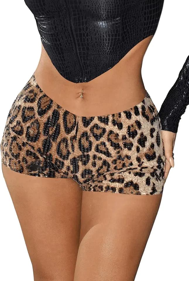 Women's Leopard Print Sequin Shorts Low Rise Sexy Rave Club Party Hot Pants