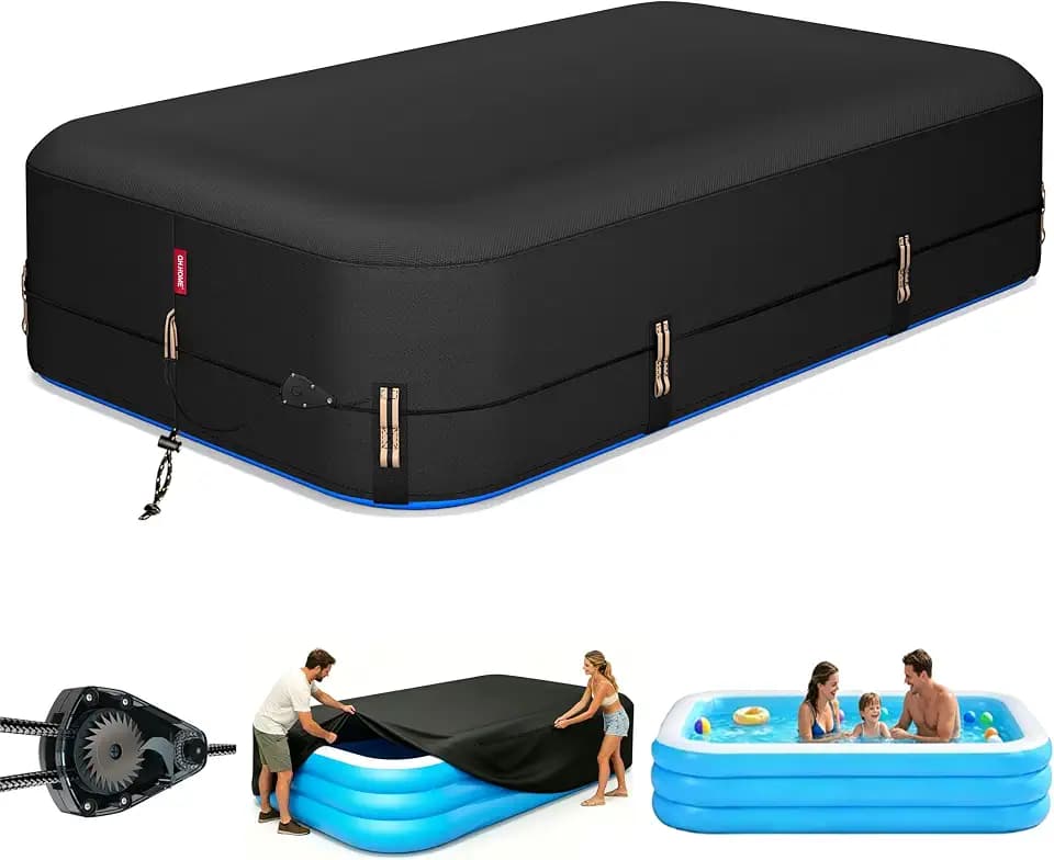 QH.HOME 120"x72" Rectangular Pool Cover for Inflatable Pool,Fits Blow Up Pool Size 10' x 6', Blocks Leaves & Sun, Windproof Snug Fit with Patented Ratchet & Weight Rings to Prevent Slipping