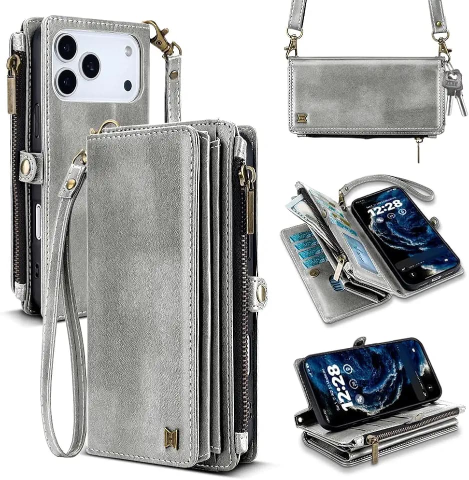 Wallet Case for iPhone 17 Pro Max Crossbody Flip Cover Silver
