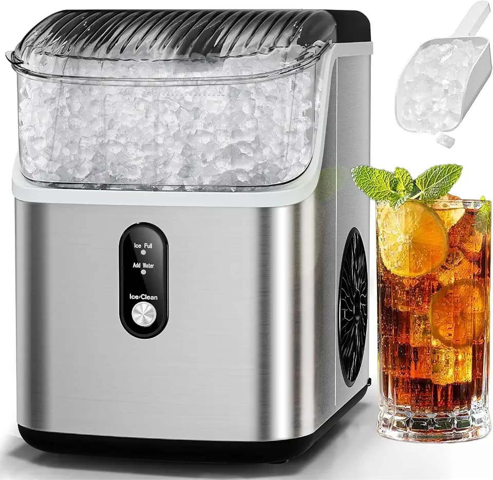 Antarctic Star Nugget Ice Makers Countertop, Portable Ice Maker Machine with Self-Cleaning, 35lbs/24H, Crushed Ice Machine with Handle & Scoop for Home, Kitchen, Office and Camping(Stainless Steel)
