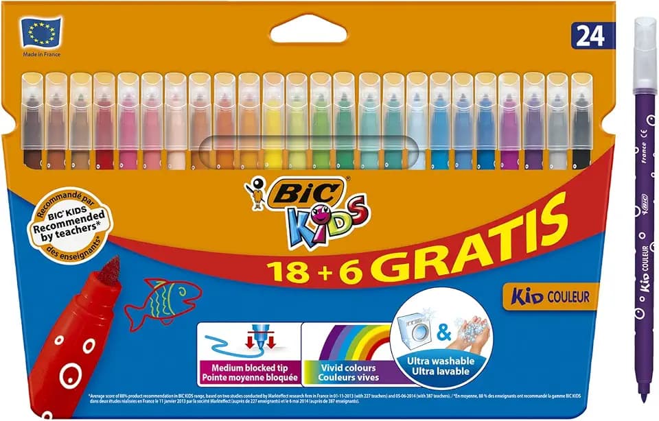 BIC Kids Filzstifte, bunt Lot de 18 + 6 gratuits mehrfarbig, 841803, 18 Stück (1er Pack)
