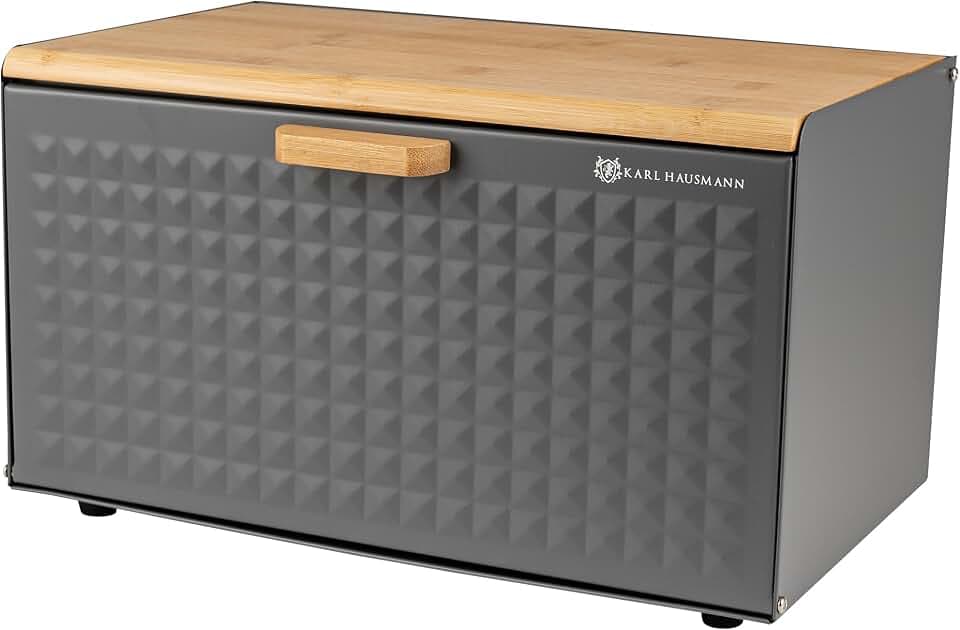 KARL HAUSMANN Brotkasten groß aus Metall und Bambus Holz, Grau