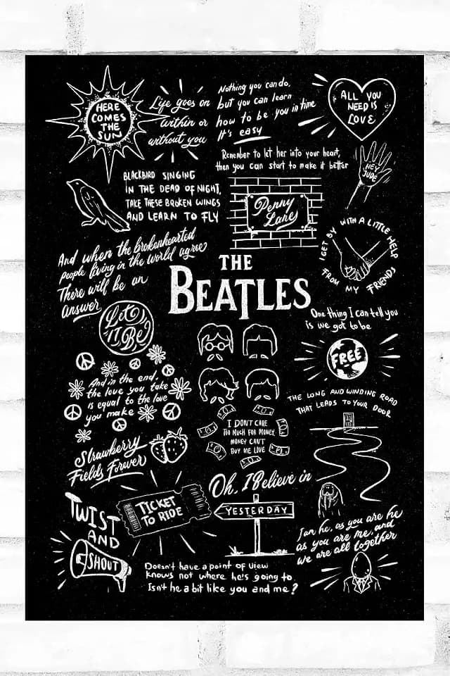 Hewson Beatles Doodle Lyric Poster – Beatles Kunstwerk Geschenk für Musikliebhaber (A3, schwarze Kreidetafel)