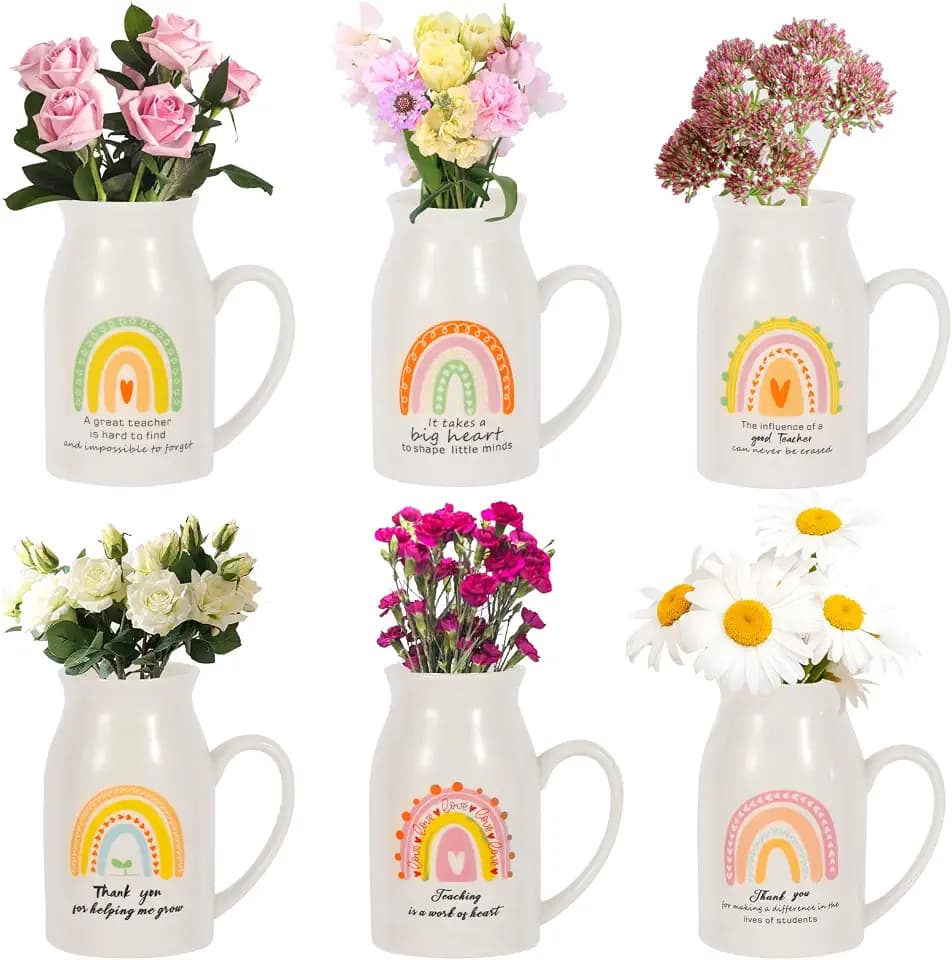 6 Pieces Teacher Appreciation Gifts Teacher Ceramic Vase with Small Handle Rainbow Flower Vases Thank You Teacher Gifts for Women (Teacher)