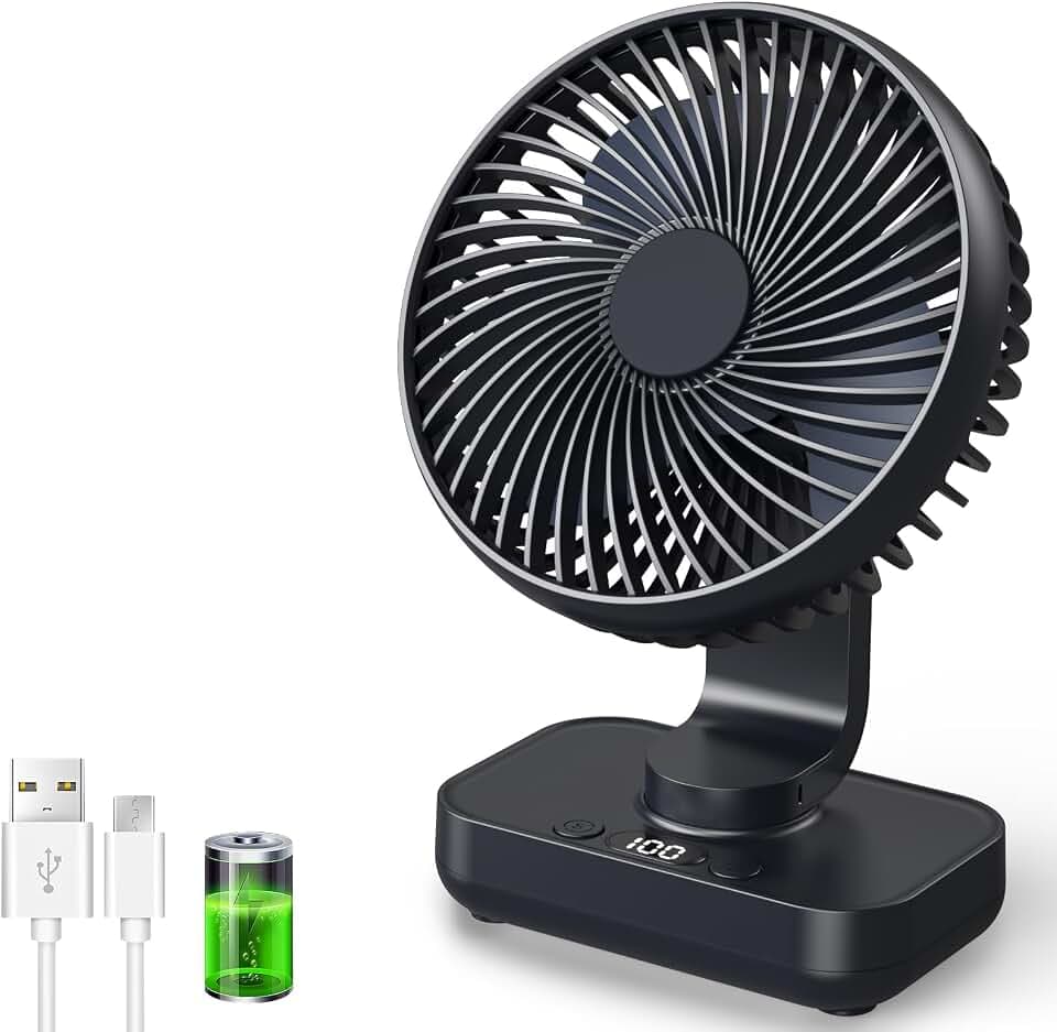 Tischventilator Automatisch Oszillierend, Leise 30 dB, Sanfter Luftstrom, 4500mAh Akku, USB-C, LED Display, Abnehmbar, 4 Geschwindigkeiten, Klein & Tragbar für Büro, Zuhause