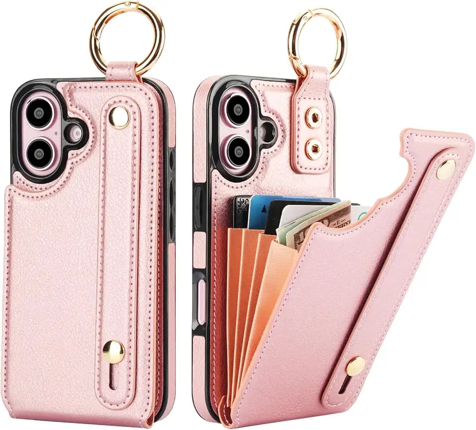 Folosu for iPhone 16 Wallet Case with Card Holder, Hand Wrist Strap Loop Holder Kickstand, RFID Blocking Finger Grip Ring PU Leather Double Buttons Shockproof Cover 6.1" Rose Gold