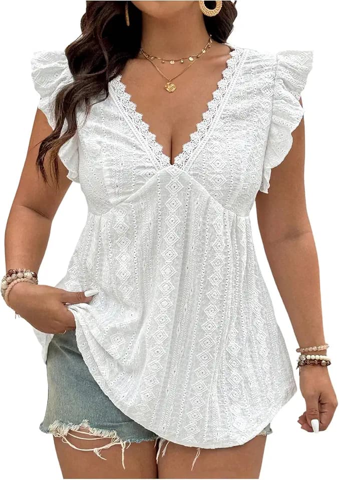 SweatyRocks Women's Plus Size Eyelet Tops Lace V Neck Ruffled Peplum Blouse