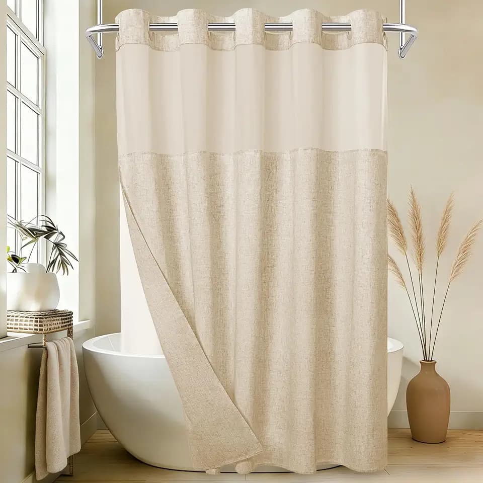 WONICY Linen Texture Ringless Shower Curtain with Liner, Flax Beige, 71x74