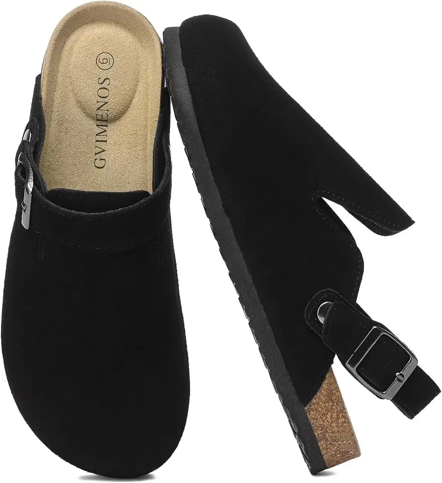 Women's Suede Clogs Slip-On Leather Mules Adjustable Buckle with Arch Support, Black 11