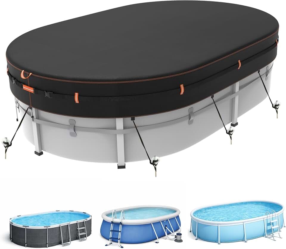 500D Ovale Poolabdeckung, Uv- Und ReißFest, 2 x 4cm, Winddichter Poolschutz FüR Aufstellpools, StrapazierfäHiges Planengewebe Mit Reflektierenden Streifen, Wetterfest