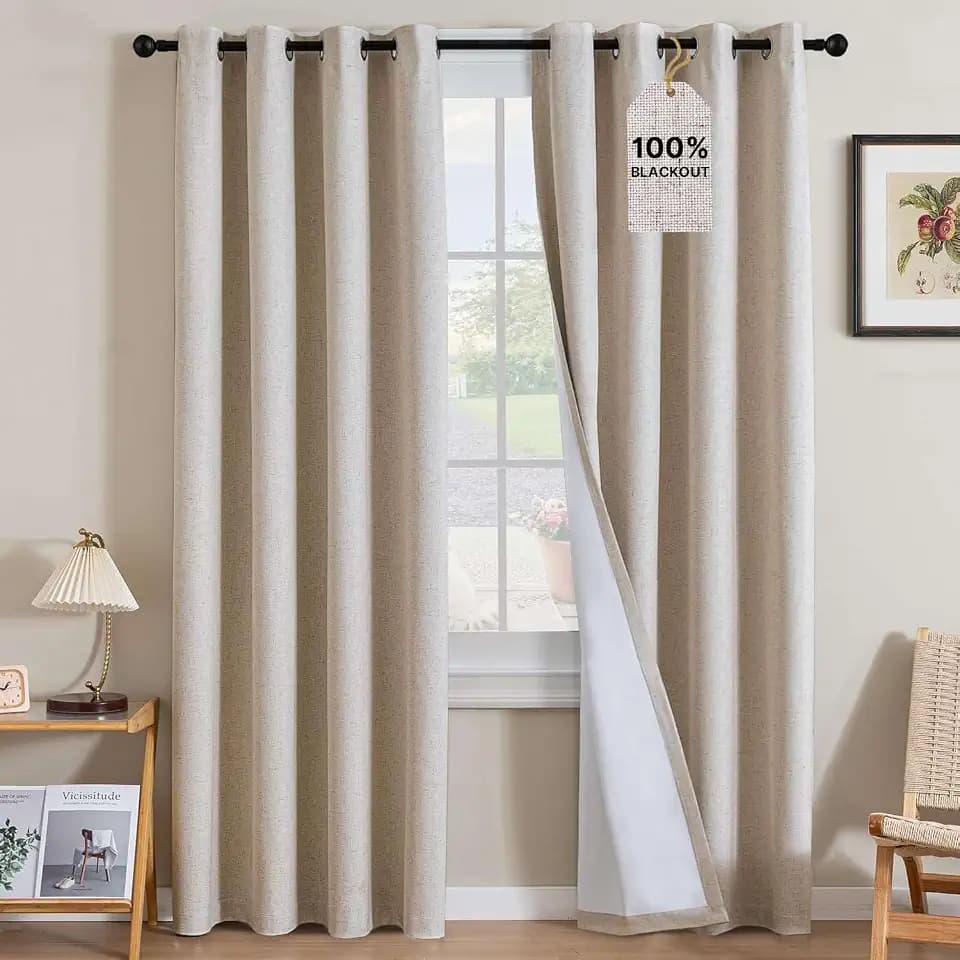 H.VERSAILTEXLinen-Polyester Curtains 100%Blackout Curtains for Bedroom 96"Long Full Light Blocking Nature Linen-Polyester Blended Window Curtains for LivingRoomNickel Grommet(2Panels,HeatheredNatural)