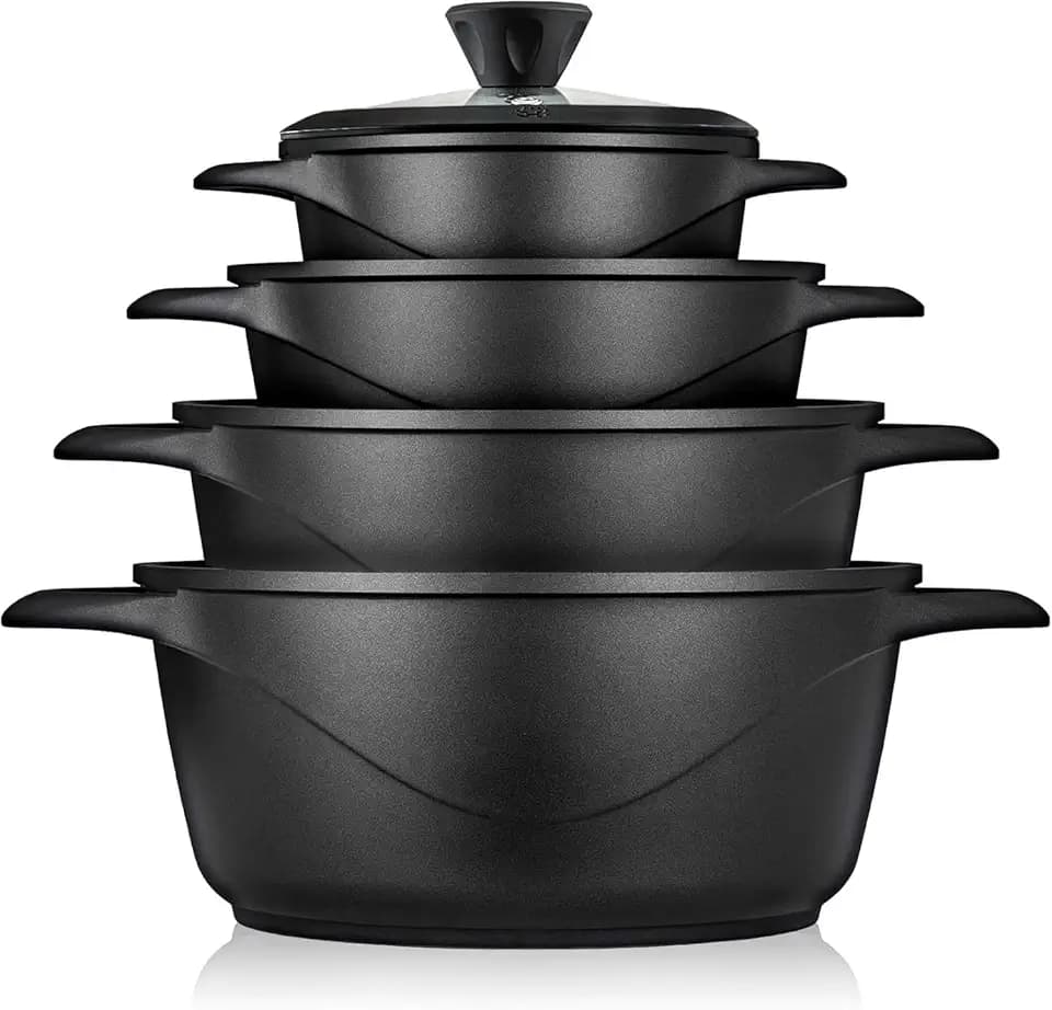 briebe Topfset Induktion 8-Teilig, Kochtopf Set 4 Töpfen aus Aluminiumguss, Antihaftbeschichtung ILAG GRANITEC ohne PFOA, Deckeln aus Glass, Topfhandschuhe Silikon, Glaskeramik, Gas, Ofen, MGK-12S
