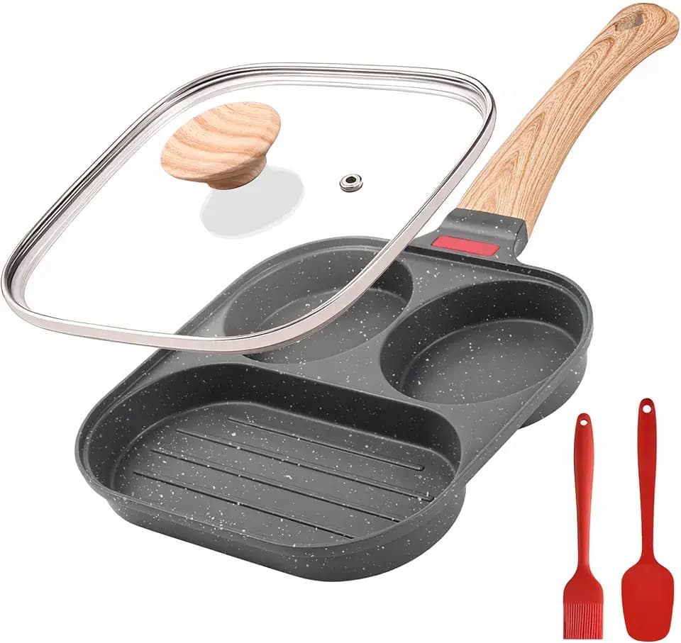 Egg Pan with Lid 3 Cup Nonstick Egg Frying Pan Omelette Skillet | Aluminum Omelet Pan with Glass Lid and Spatula, and Silicone Brush. Works for Breakfast Eggs, Bacon, and Mini Pancakes.
