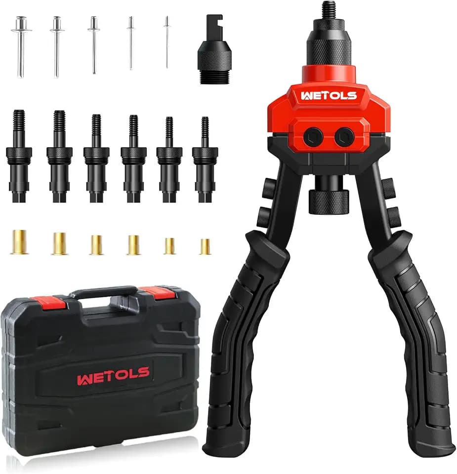 WETOLS 3 in 1 Rivet Gun with 5 Rivet Heads, Rivet Nut Tool Kit, Reamer Set