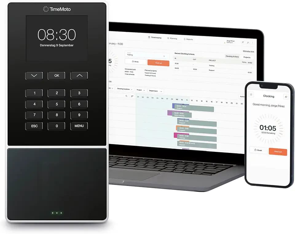 TimeMoto TM-616 Cloud-basiertes Zeiterfassung mit RFID und PIN-Steuerung, Zeiterfassungsgerät für bis zu 200 Benutzer, Arbeitszeiterfassung, Terminplanung, Arbeitszeitberichte, Wi-Fi, App iOS/Android