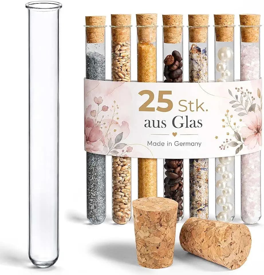 Tuuters 25 Stück Glas Reagenzgläser mit Korken und Bördelrand 160 x Ø 16mm