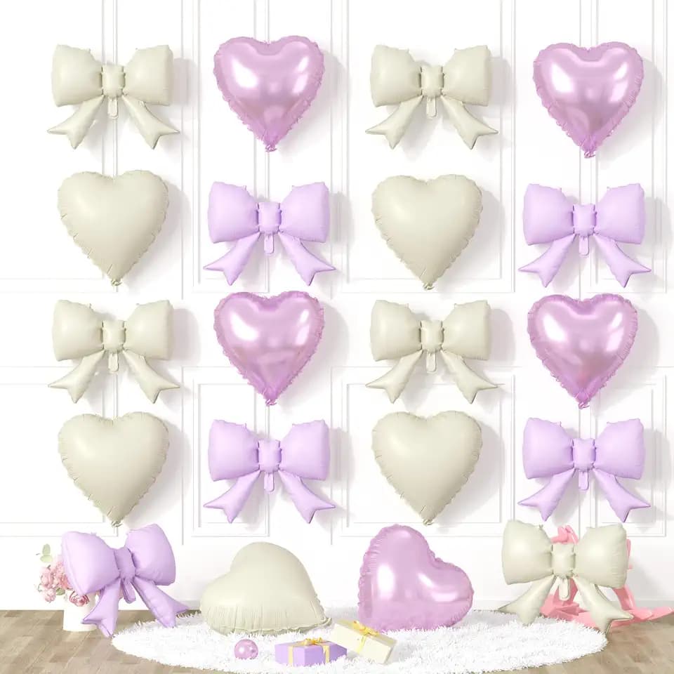 Cream Purple Bow Heart Balloons, 20 PCS for Bow Birthday Party Baby Shower