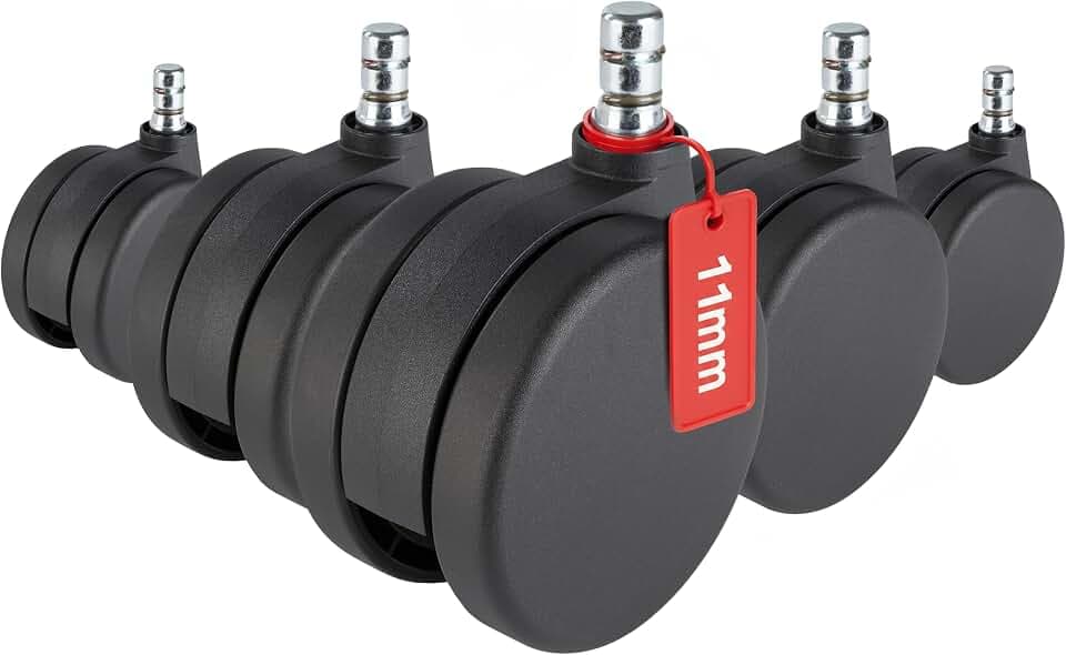 hjh OFFICE 619018 5er Set Rollen ROLO NO-NOISE Schwarz 11mm x 75mm Drehstuhlrollen für Teppichboden