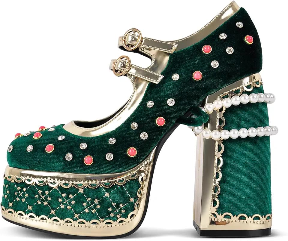 High Platform Heels Chunky Heels Ankle Strap Closed Toe Pumps for Party