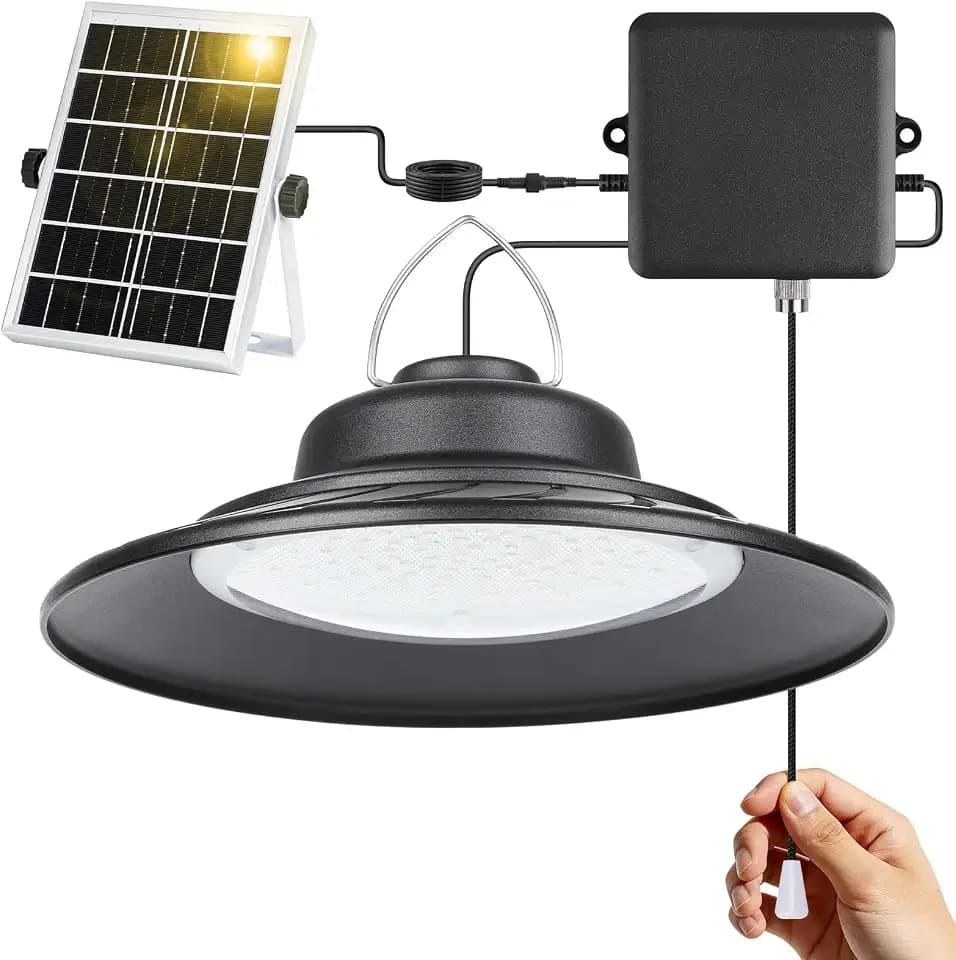 ropelux Solar Powered Shed Light Indoor Outdoor, 2000LM Daytime Available Pendant Light with Pull String, 2 Lighting Modes Solar Lights, IP65 Waterproof for Barn, Gazebo, Shop, Garage, Home (1Pack)