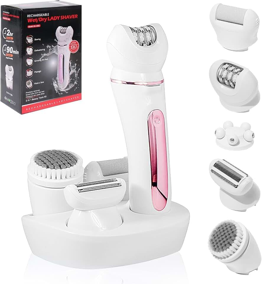Journeyside Epilierer Damen, 5 in 1 Epiliergerät Damen Kabellos, Lady Shaver, Epiliergerät für Langanhaltende, Rasier- und FaceSpa Gesichtsepilierer, Wet & Dry, mit Licht LED