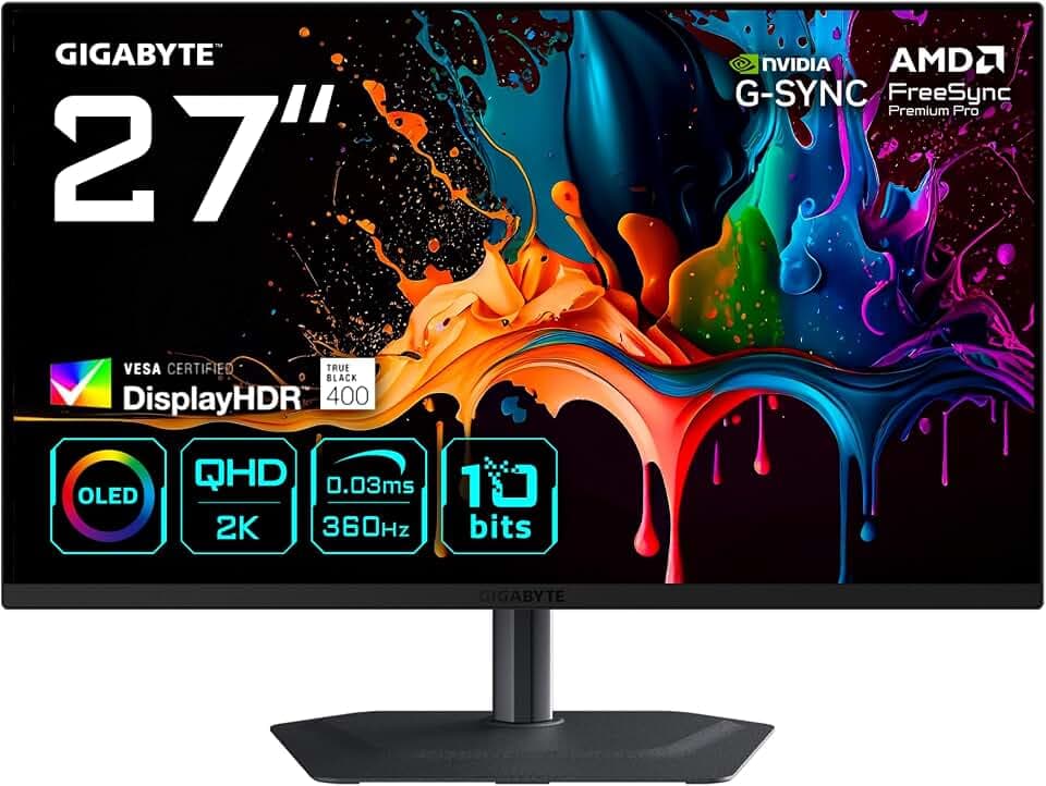 Gigabyte MO27Q3 27” OLED QHD Gaming-Monitor - 2560 x 1440, 360Hz, 0.03ms, 250 cd/m², G-Sync Kompatibel, FreeSync Premium Pro, Display HDR True Black 400, HDMI 2.1, DisplayPort 1.4