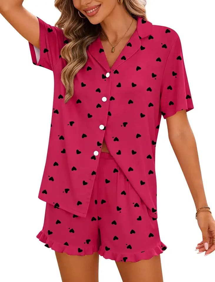 SWOMOG Woman Pajama Set Short Sleeve Pjs Set 2Pcs Short Pajamas Button Down Ruffle Hem Sleepwear Soft Modal Loungewear