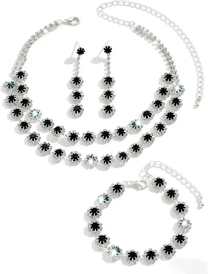 Crystal Statement Choker Necklace Earrings Bracelet Set Silver Rhinestone Necklace Earrings Sets Formal Costume Jewelry Bridal Wedding Jewelry Set for Women 11.61+6.3in