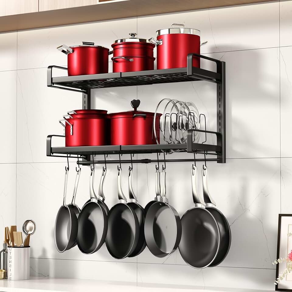 19"- 30" Expandable Hanging Pot Rack, 2 Tier Heavy Duty Wall Mounted Pots and Pans Organizer with 10 Hooks and 5 Pot Lid Holders, Pot Hanger Shelf for Kitchen Cookware Utensils Organizers and Storage