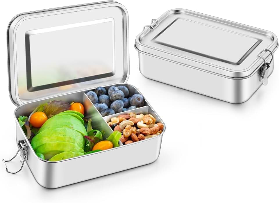 P&P CHEF 1400 ML Bento Box, 3-Section Stainless Steel Lunch Boxes, 2 Pcs