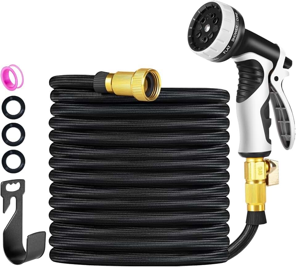 Garden Hose 50 FT, Lightweight Non-Expanding Water Hose with 10 Function Nozzle, Manguera Para Jardin with 3/4" Brass Connectors Leak-Proof, Burst-Resistant, Anti-Kink