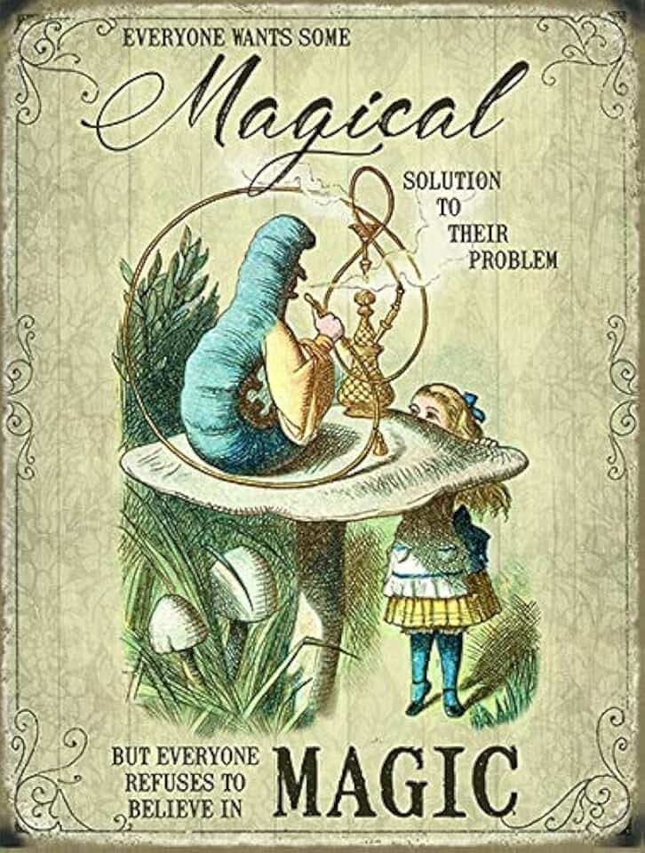 Alice im Wunderland Wandschild aus Metall mit Aufschrift "Everyone Wants Some Magical Solution"