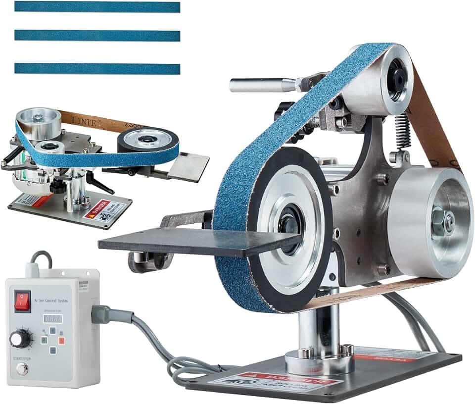VEVOR Bandschleifmaschine 550 W mit variabler Geschwindigkeit und VFD, 762 x 25,4 mm Bandpolierer, Polier- und Schleifmaschine mit 2 Schleifformen und 3 Schleifbändern für Metallbearbeitung