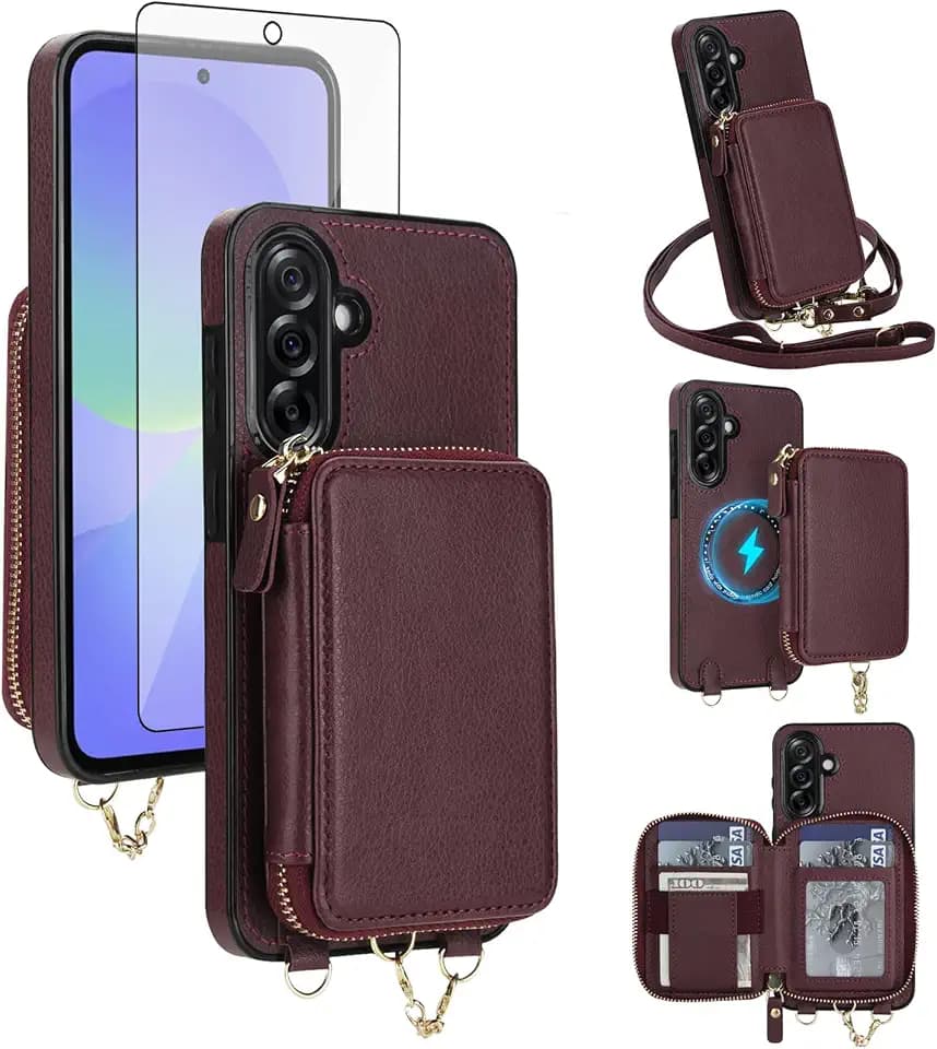 Phone Case for Samsung Galaxy A56 5G Wallet Zipper Handbag Cover Screen Protector Crossbody Lanyard Strap Magnetic Detachable Compatible with MagSafe RFID Blocking Flip A 56 56A Women Men Wine Red