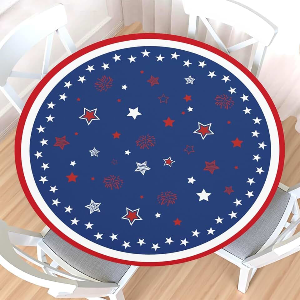 4th of July Round Fitted Tablecloth with Elastic Edge,Waterproof Red White Blue Patriotic Independence Day Memorial Day Table Cover for 40-44" Stretch Table Cloth for Dinner Indoor Outdoor Party