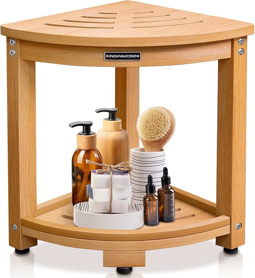 KingPavonini HDPS Corner Shower Stool for Shaving Legs, Waterproof, Teak