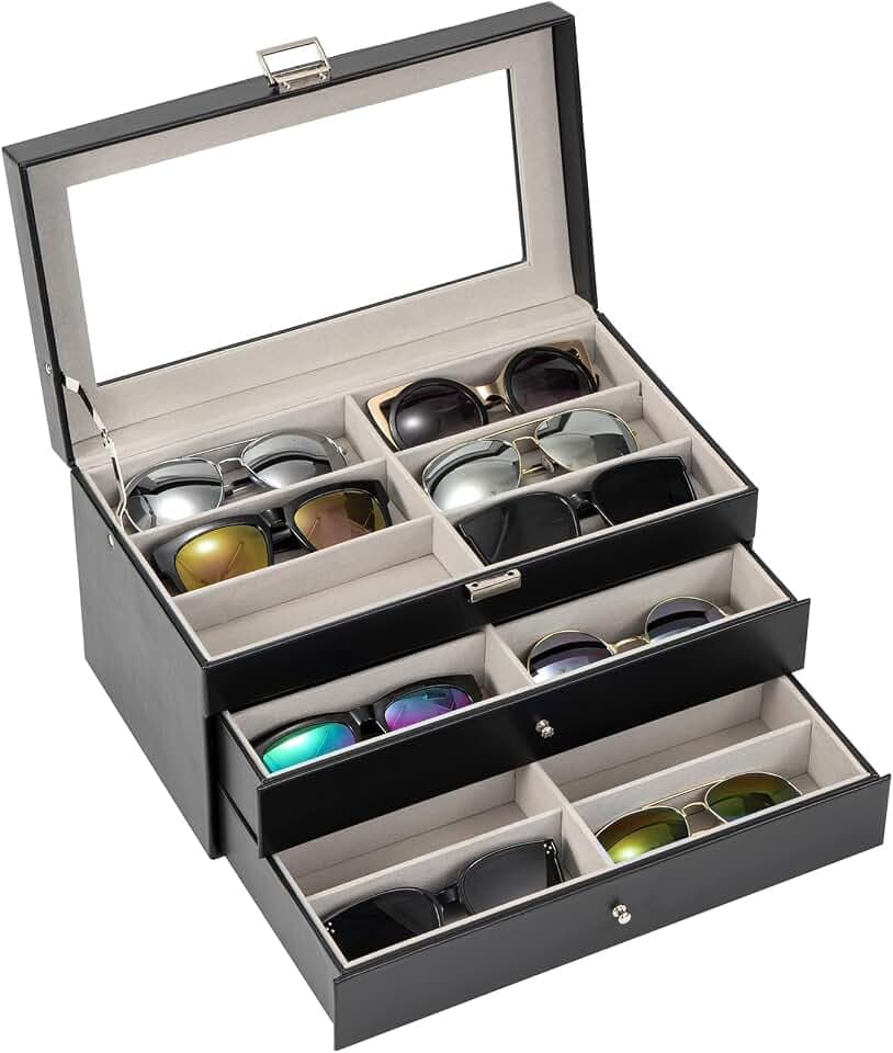 ProCase 3 Etagen Brillenbox 18 Sonnenbrillen Displaybox Aufbewahrungsbox aus Leder Brillenschatulle Brillenkoffer mit Glasdeckel