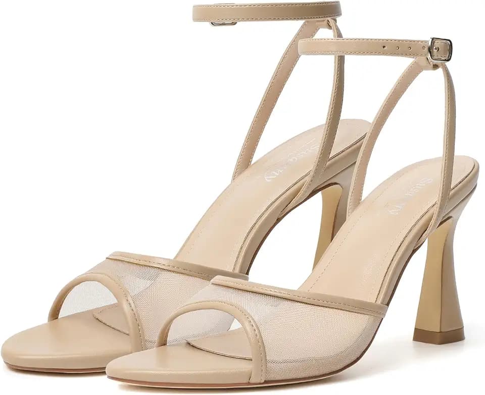 Susanny High Heels for Women Pointed Open Toe Strappy Chunky Block Heels Ankle Strap Stiletto Kitten Heeled Sandals Wedding Bridal Party Prom Sexy Dress Shoes