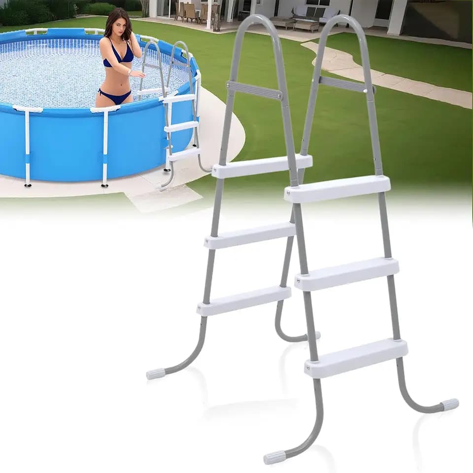 Threlaco 42 Inch Above Ground Pool Ladder 3 Step Steel Frame Swimming Pool Entry Exit Ladder Non Slip Metal Frame Steps, Weight Capacity 300lbs(Grey and White)